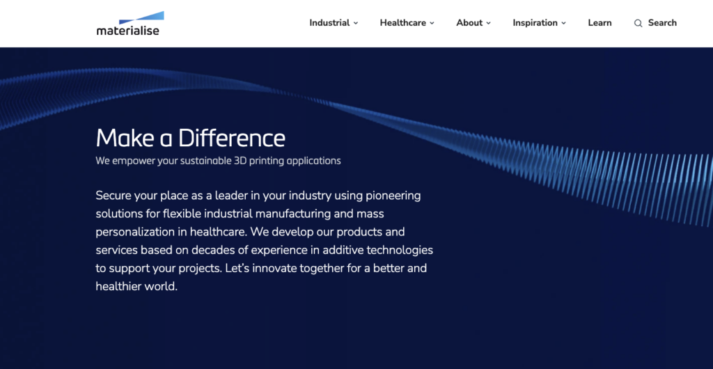 Website homepage for "materialise," highlighting their role as a sustainable leader in 3D printing solutions and a competitor to Xometry, with a call to innovate together for better healthcare and industrial projects.